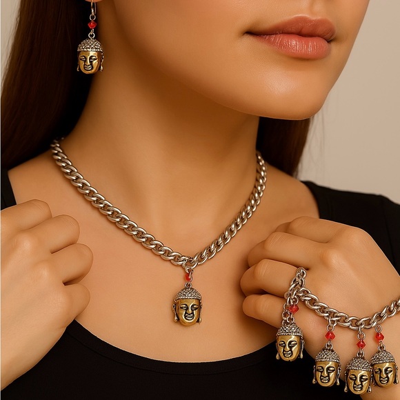Buddha necklace earrings bracelet set new silvertone goldtone red crystal - Picture 1 of 11